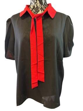 Tulip B Black & Red Contrast Tie Neck Blouse Puff Sleeve Retro Secretary Size L